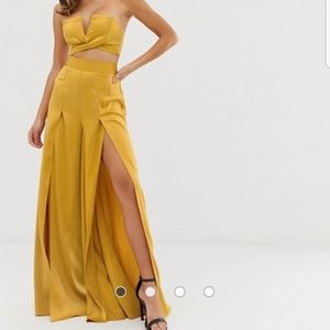 Gold Two Piece Satin Pant Set with Splits